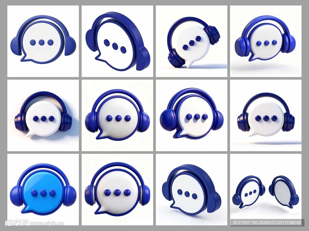 3D头戴耳机服务图标样式集合