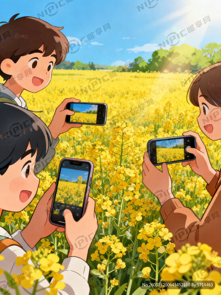 多人物用手机拍摄油菜花