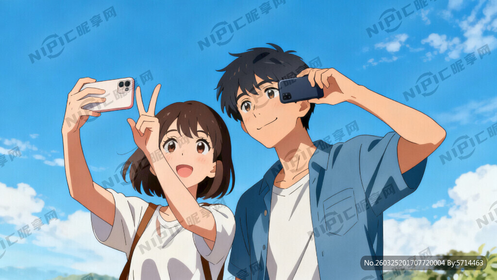 女、男 蓝天 手机拍照