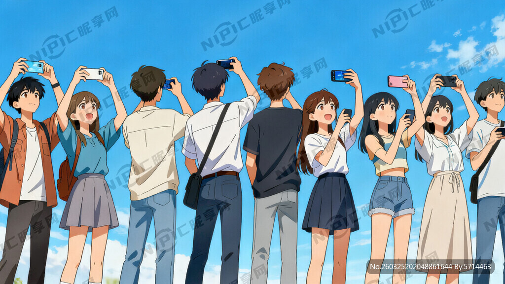 多名男女 蓝天 手机拍照