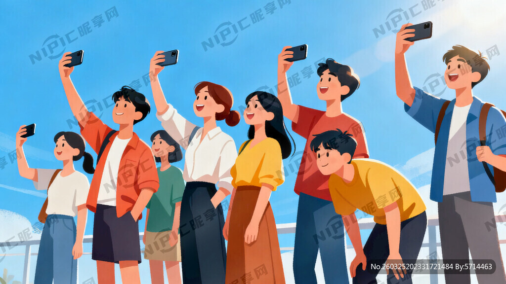 多名男女 蓝天 手机拍照