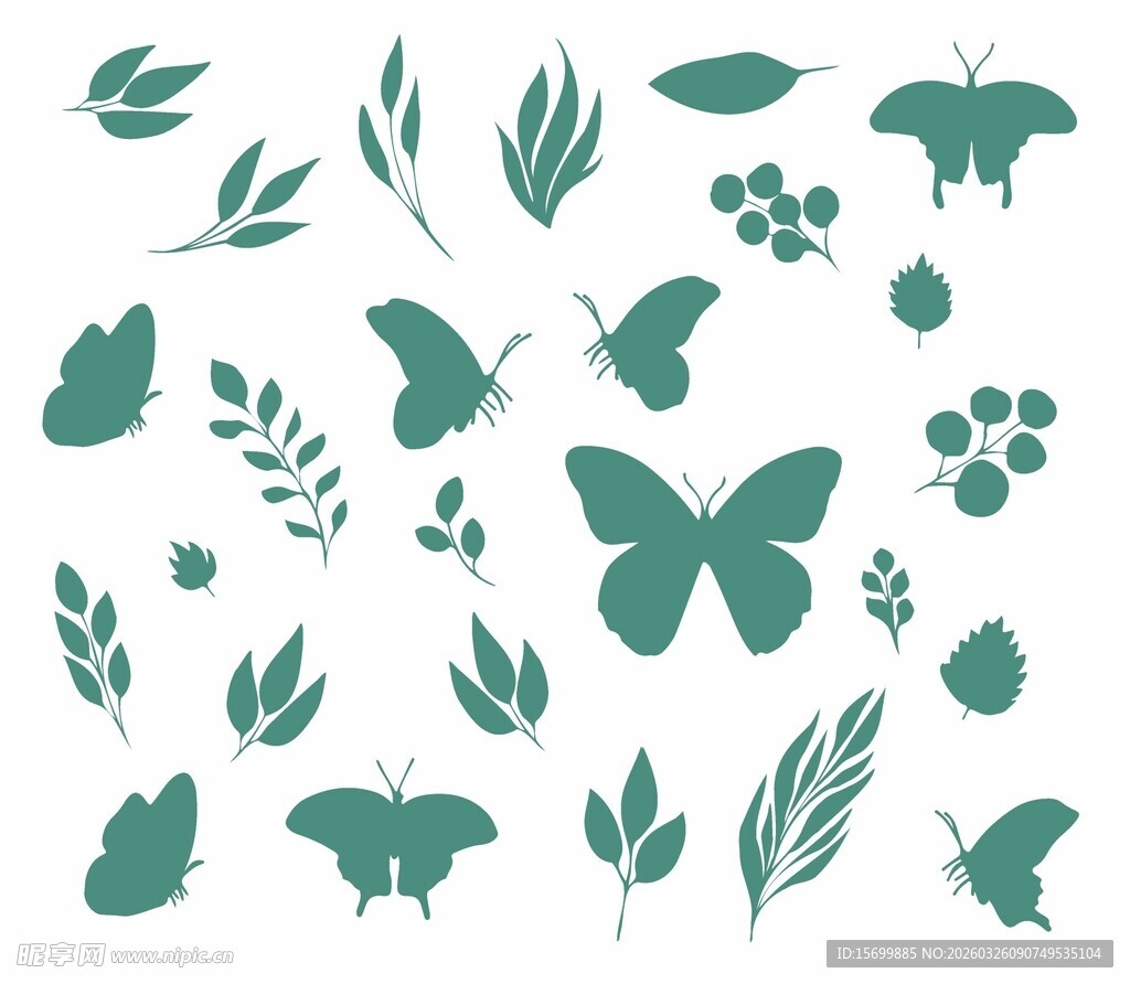 绿叶蝴蝶装饰图案元素