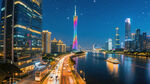 广州月夜下城市河畔景观风光