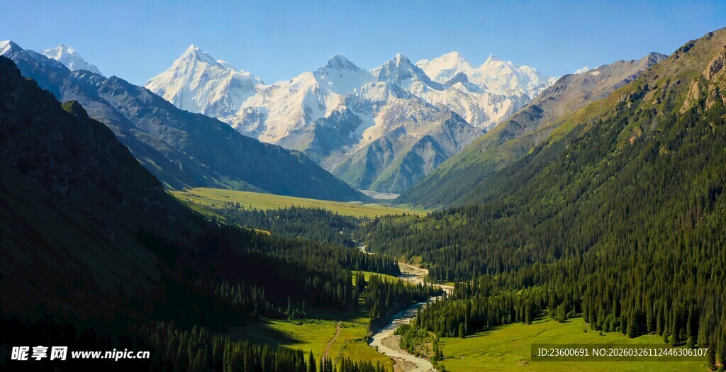 山间绿野壮丽雪山风光