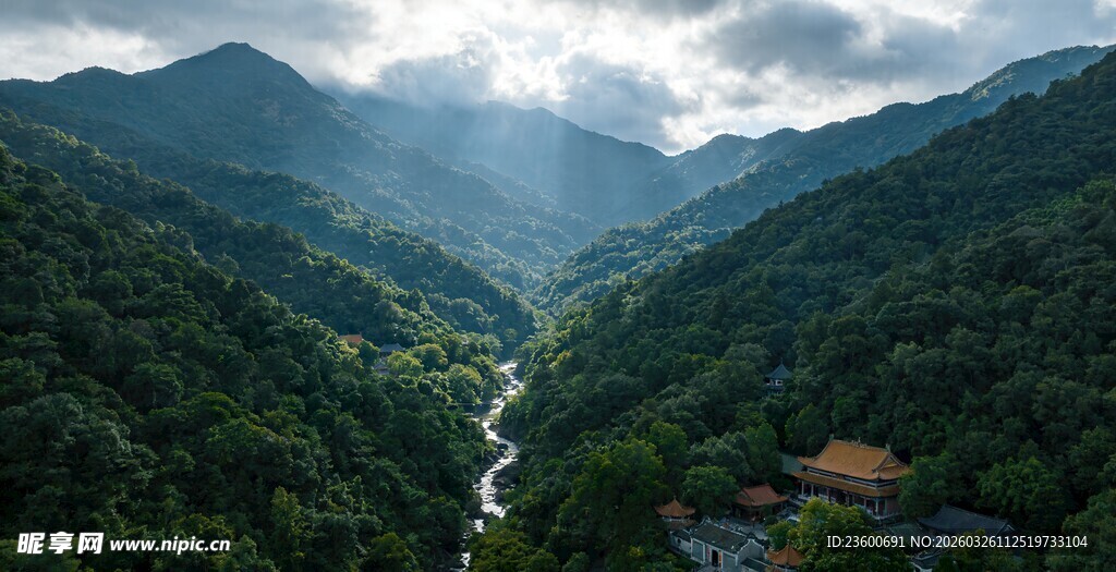 山谷溪流间的翠绿山林