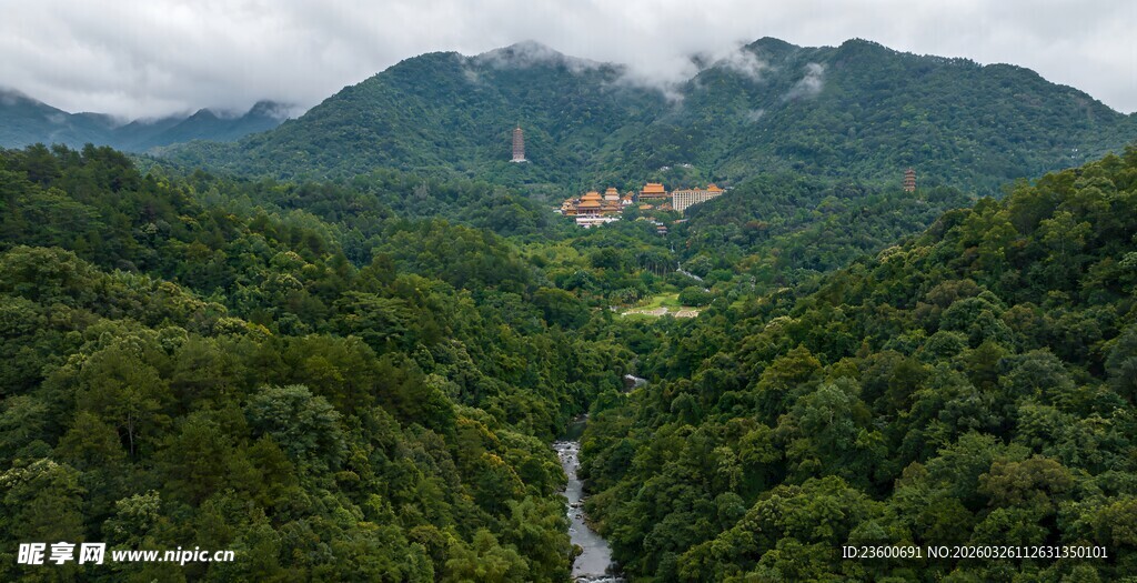 山间溪流穿翠林美景