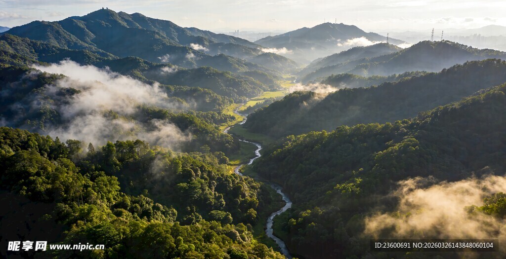 山间晨景云雾缭绕的河谷