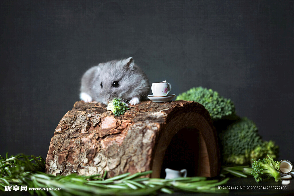仓鼠在树洞屋中进食