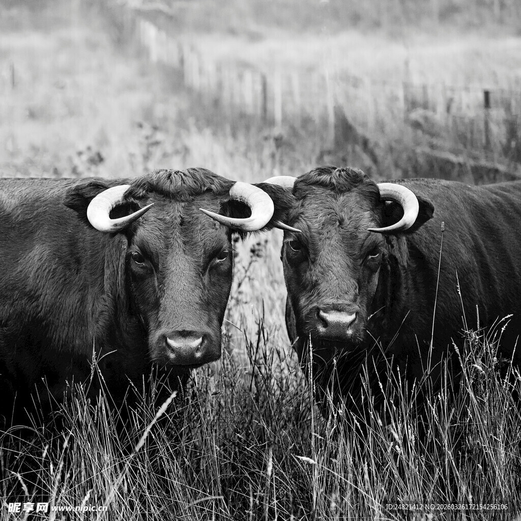 双牛立于草地黑白影像
