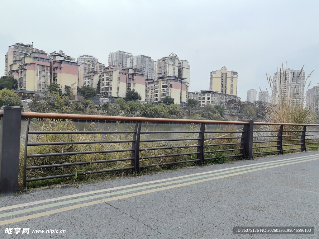 城市道路旁的居民建筑群