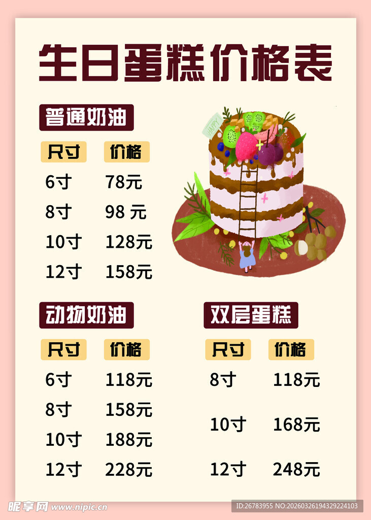 生日蛋糕价格表展示