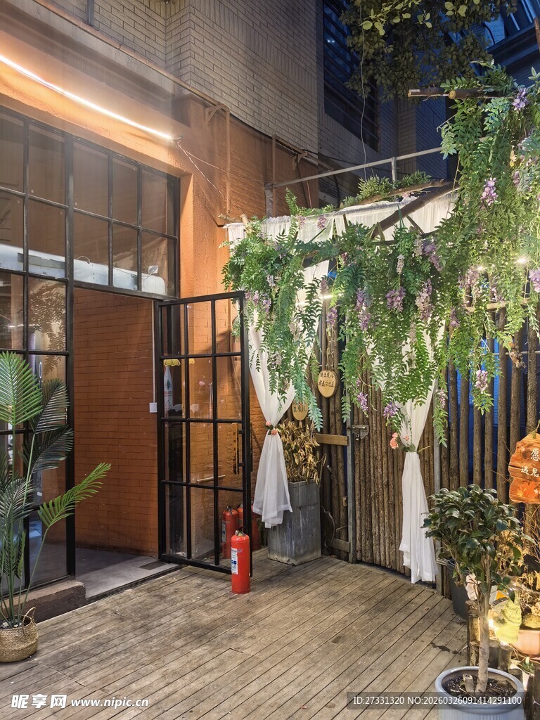 庭院绿植铁艺门夜景