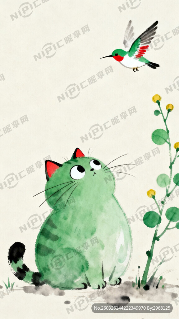 极简水墨插画风格 猫的胡须细长