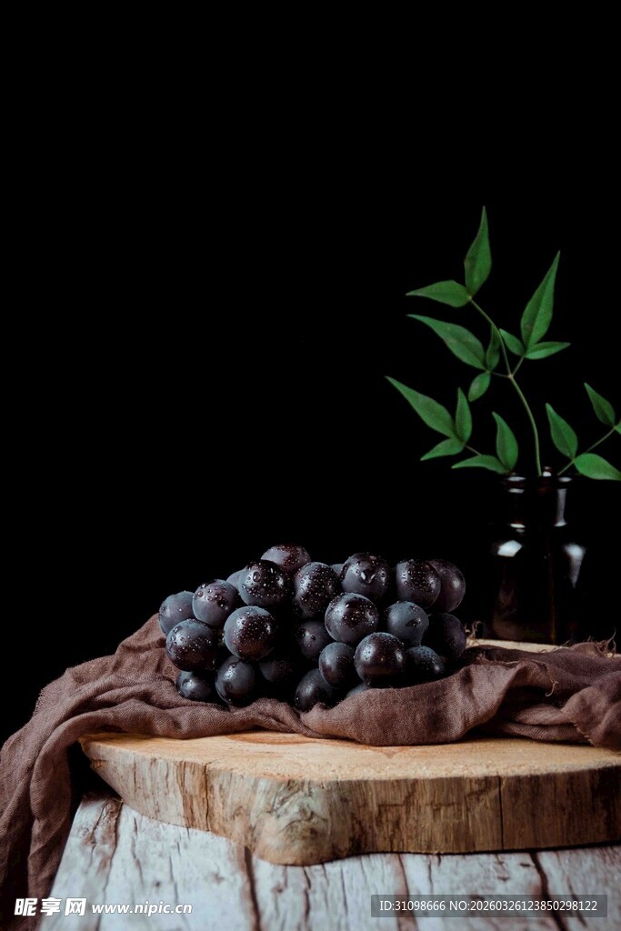 木墩上的紫葡萄与绿植