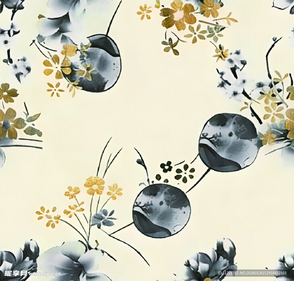 中式花卉水墨风图案设计