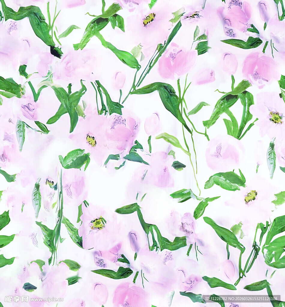 粉色花卉绿植水彩图案