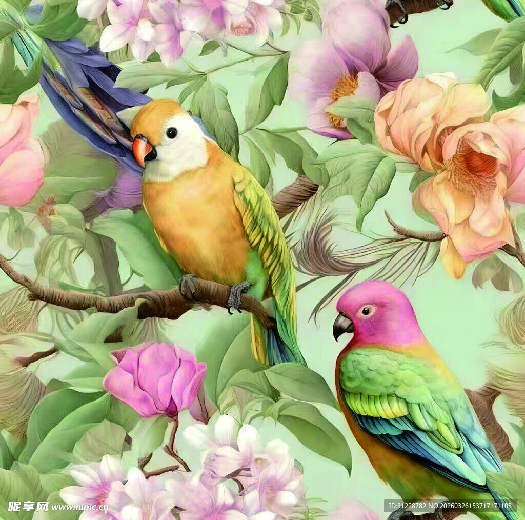 花鸟图中多彩鹦鹉