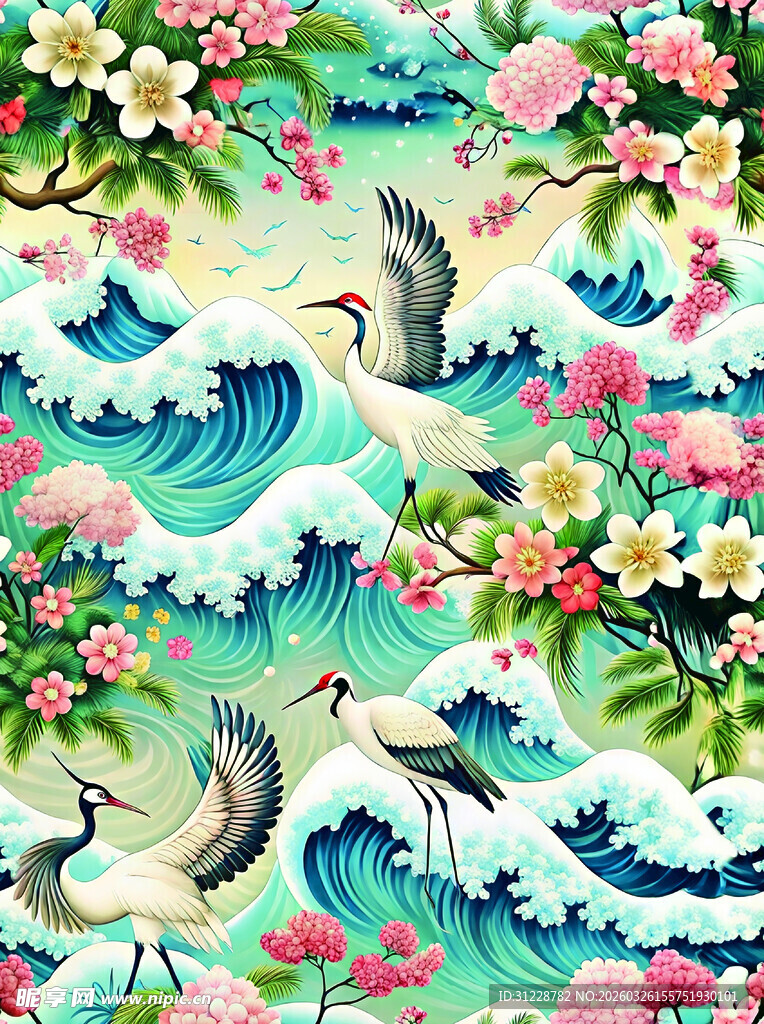 海浪繁花间的仙鹤图景