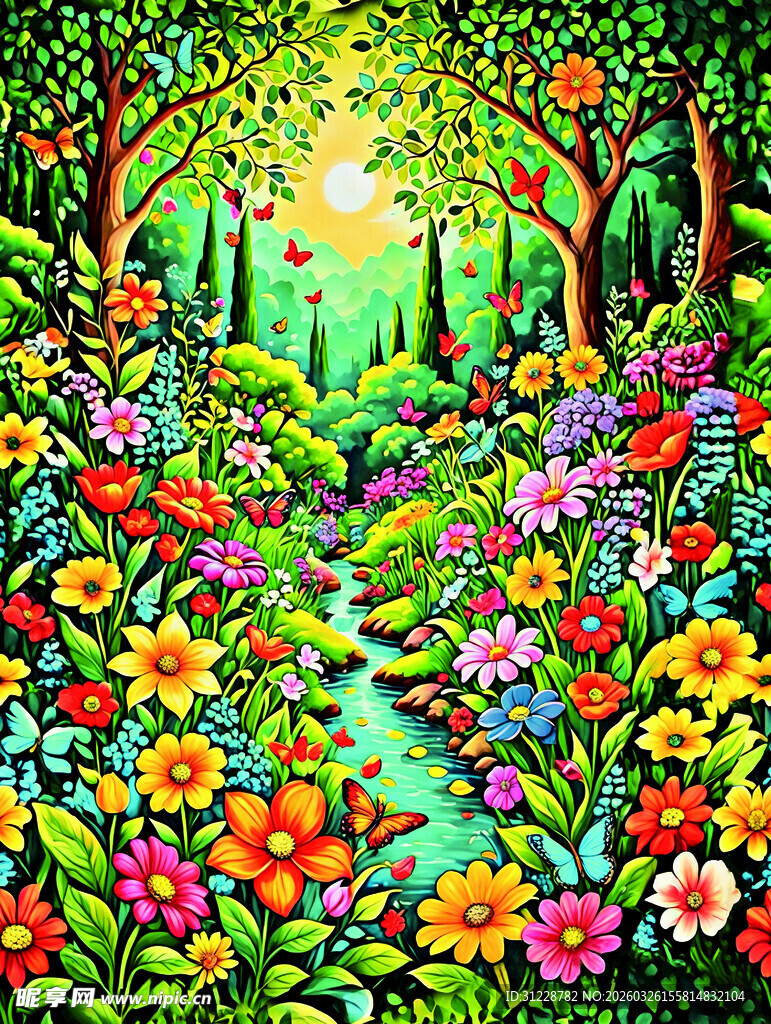 梦幻森林中的绚丽花卉小径