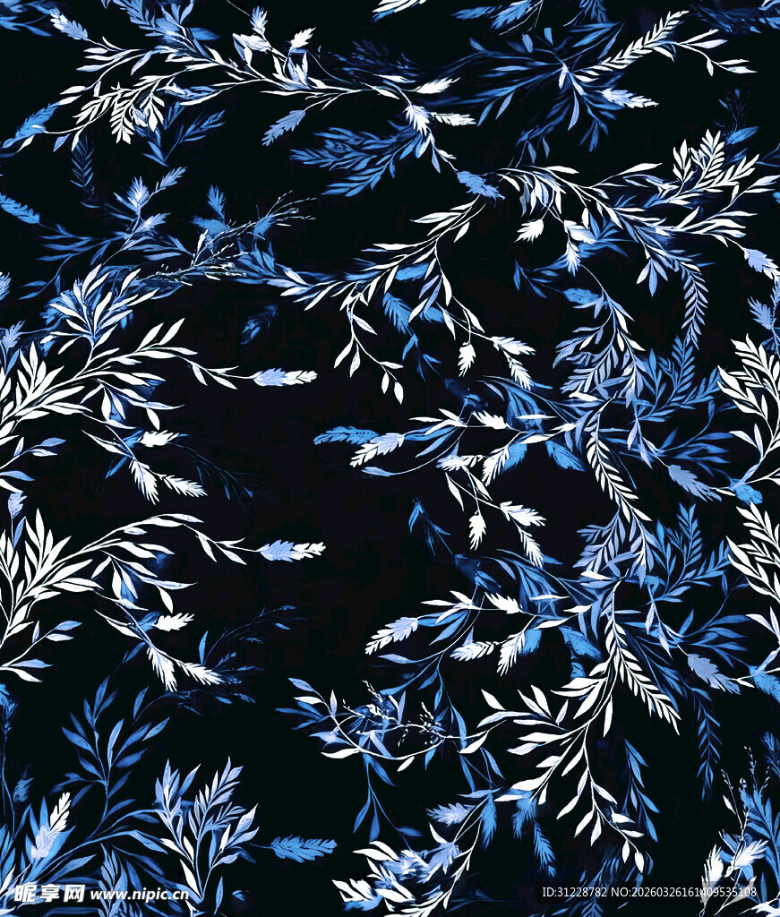 蓝白枝叶花纹图案