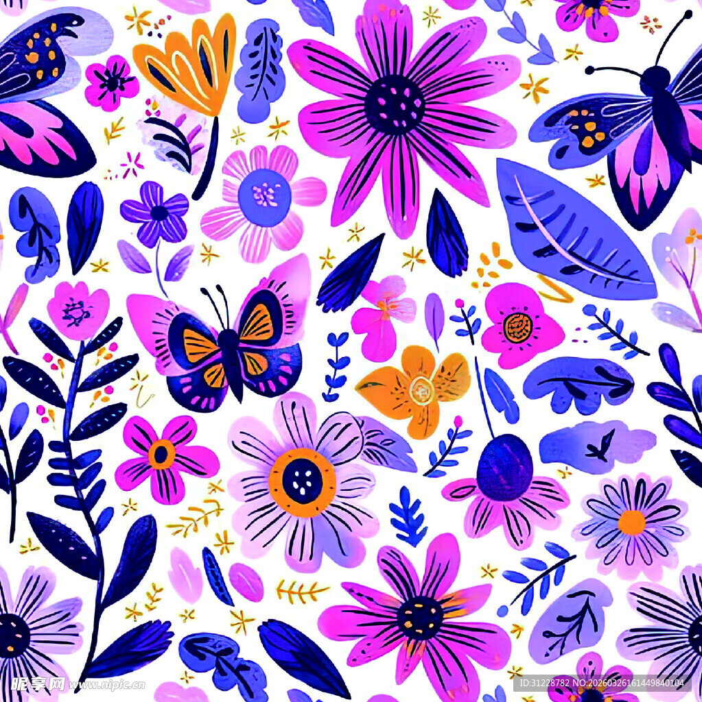 缤纷花卉蝴蝶梦幻图案