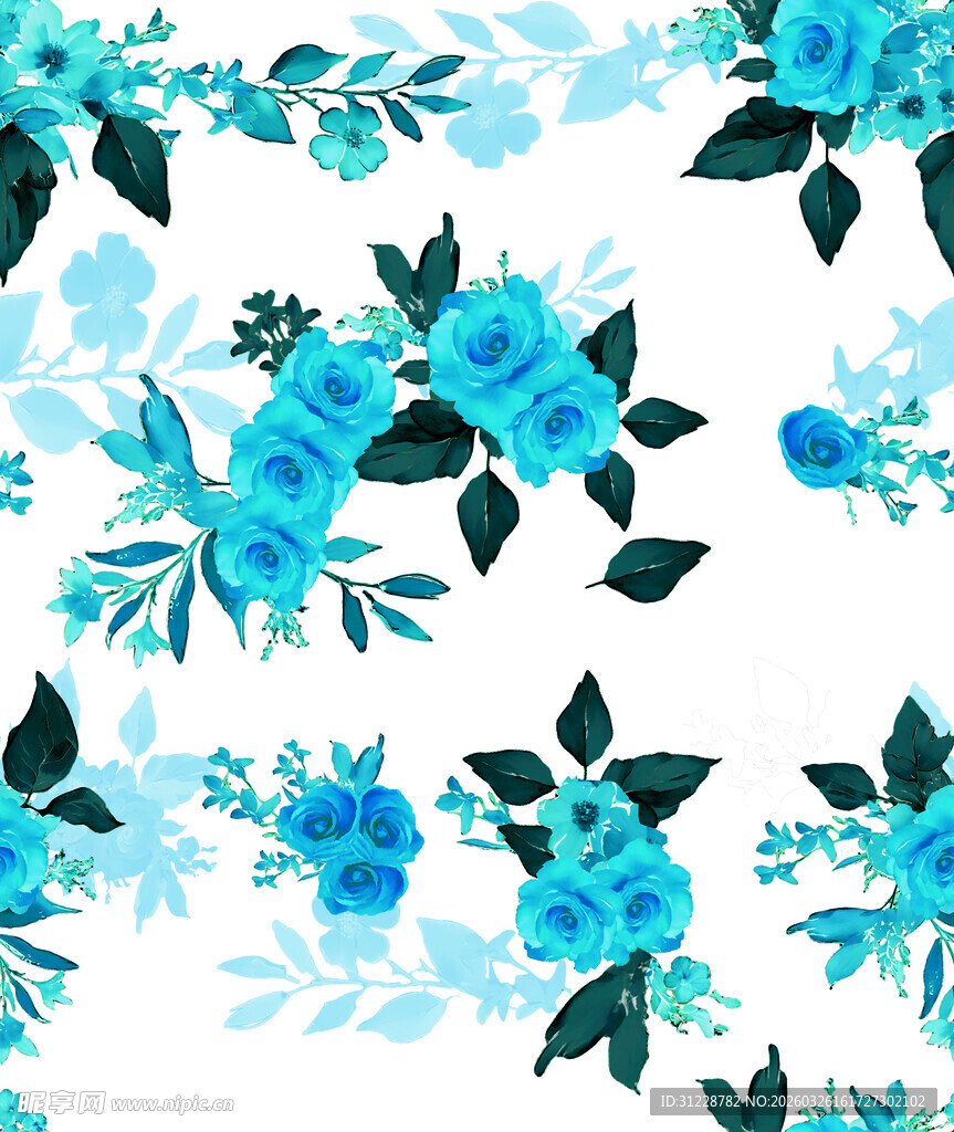 蓝色花卉水彩图案背景