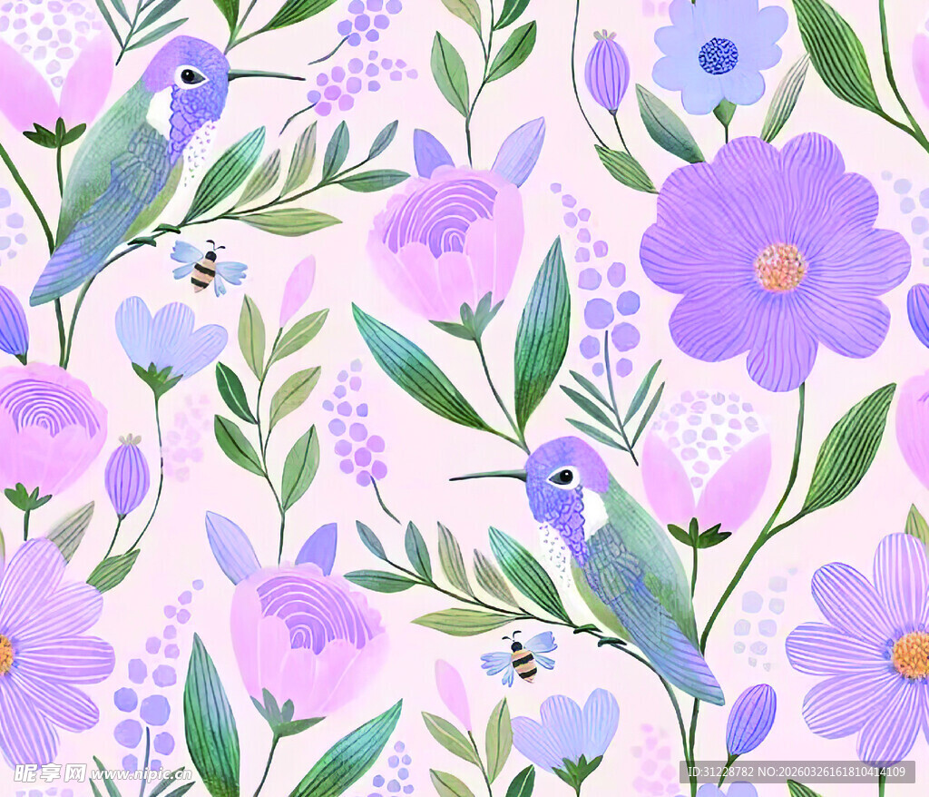 梦幻花鸟水彩图案