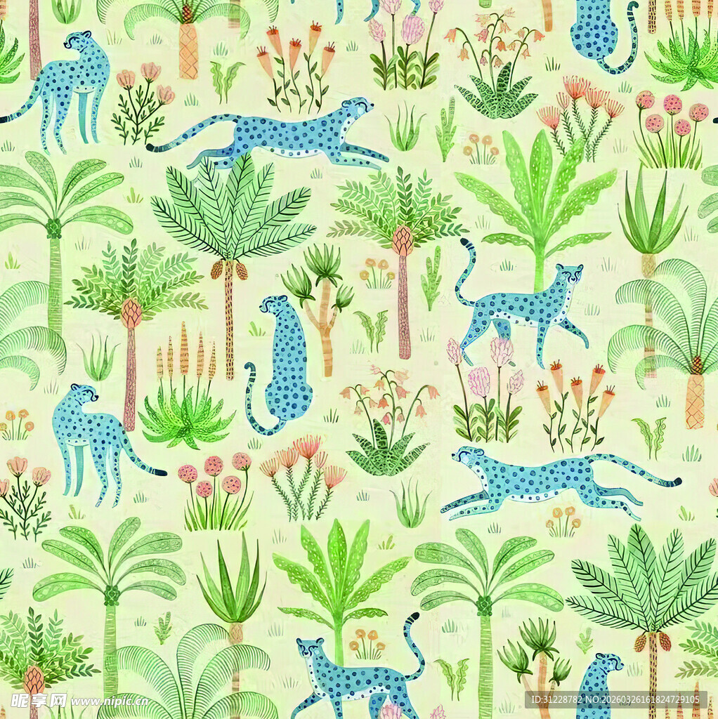 热带丛林中的动物植物图案