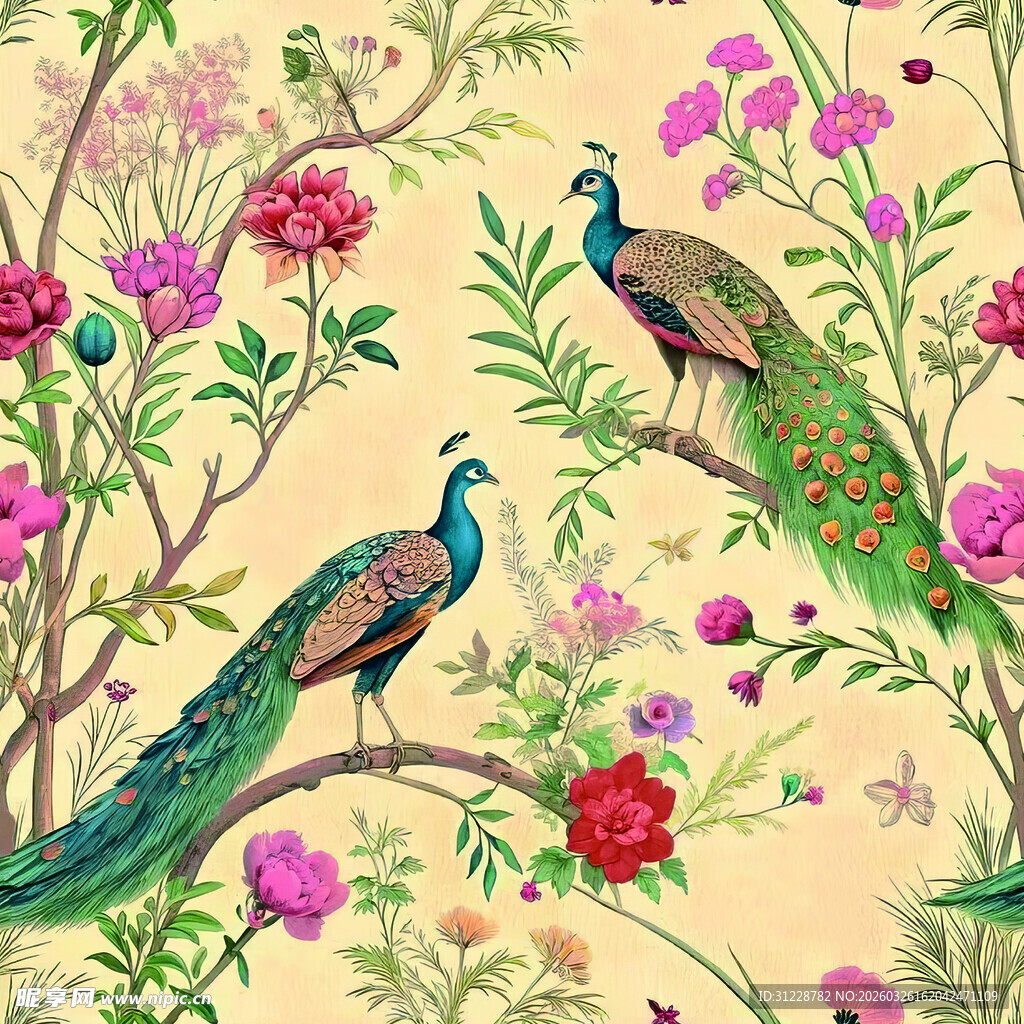 孔雀栖繁花间精美图案