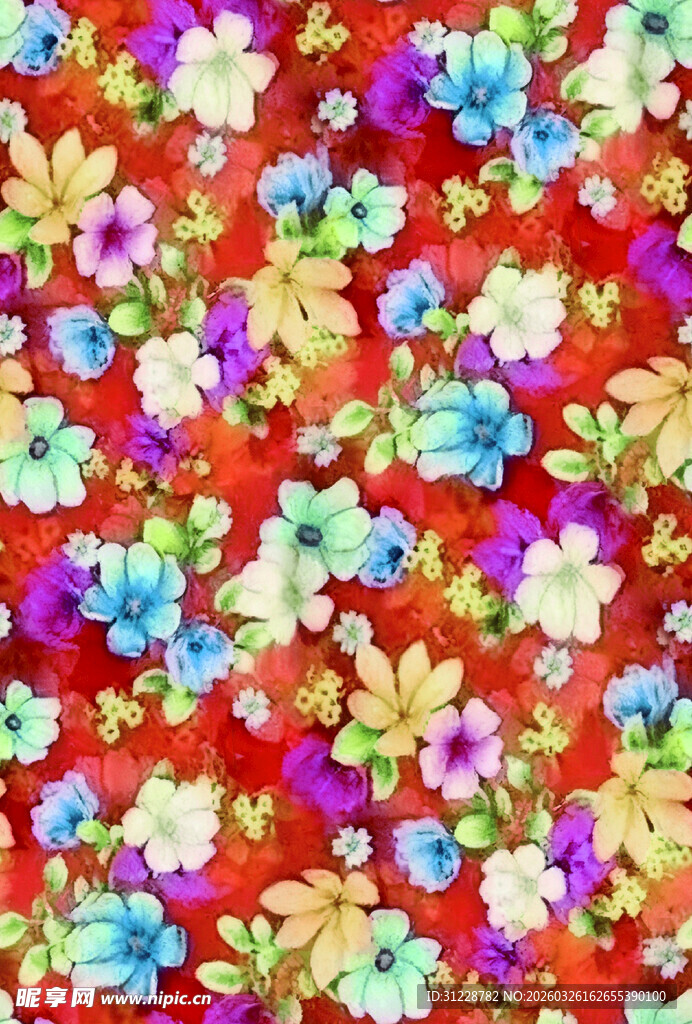 红色底多彩花卉图案