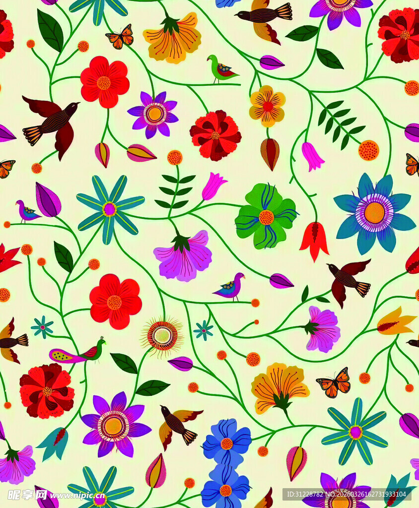 多彩花卉飞鸟图案背景