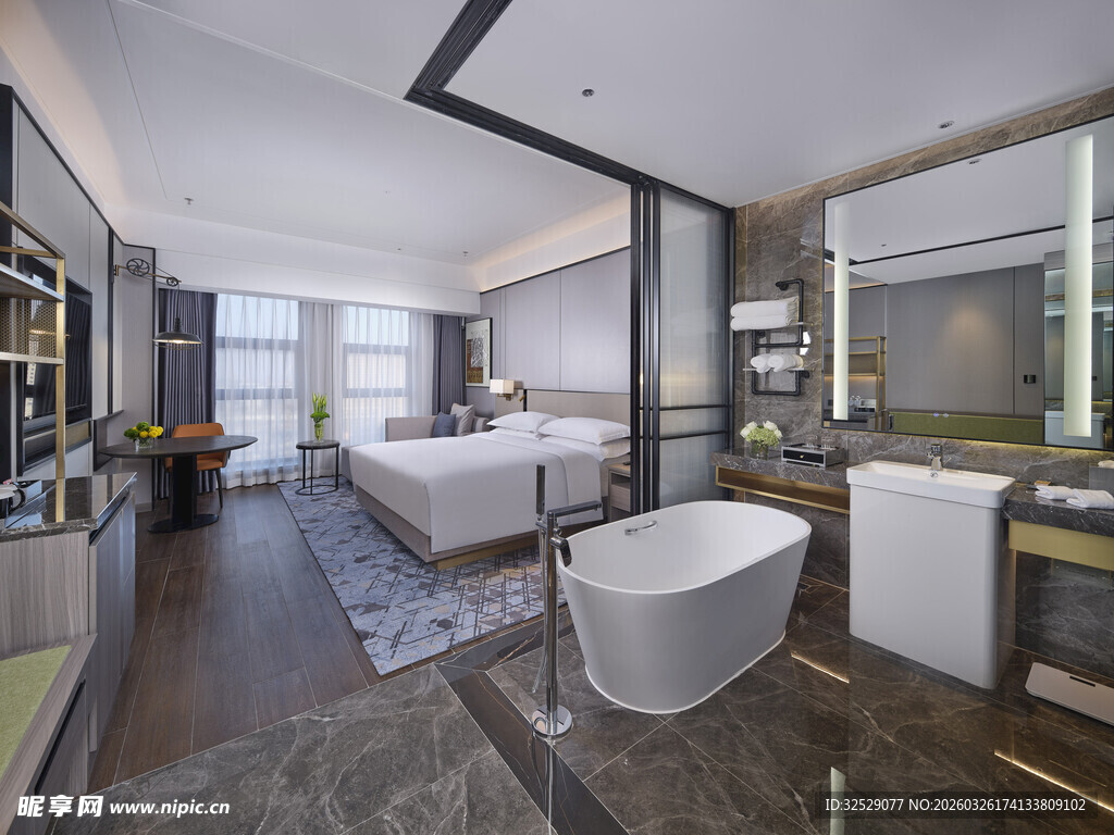 现代豪华卧室浴室一体化空间