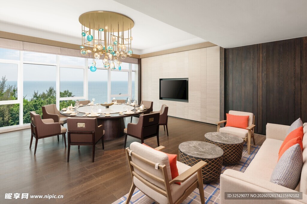 现代豪华客厅与餐厅全景
