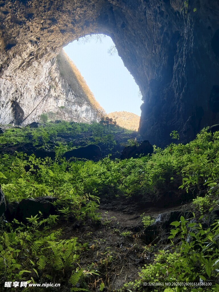 贵州溶洞出口绿意盎然的景致