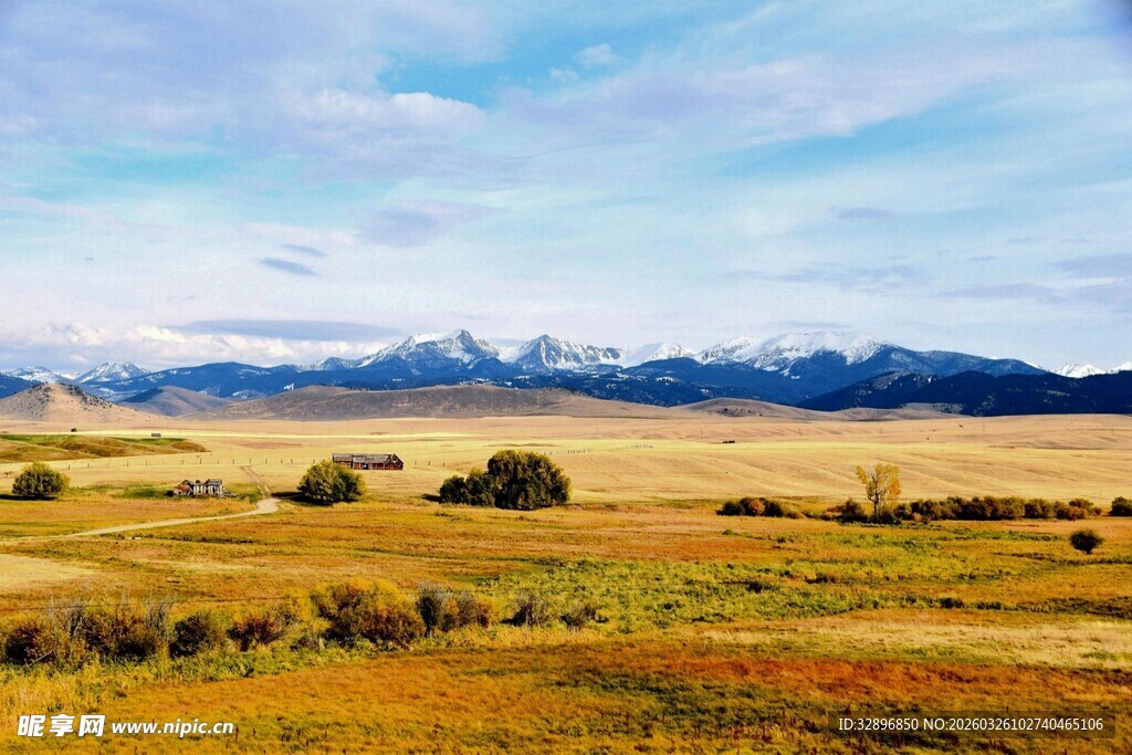 广袤草原与远处雪山美景