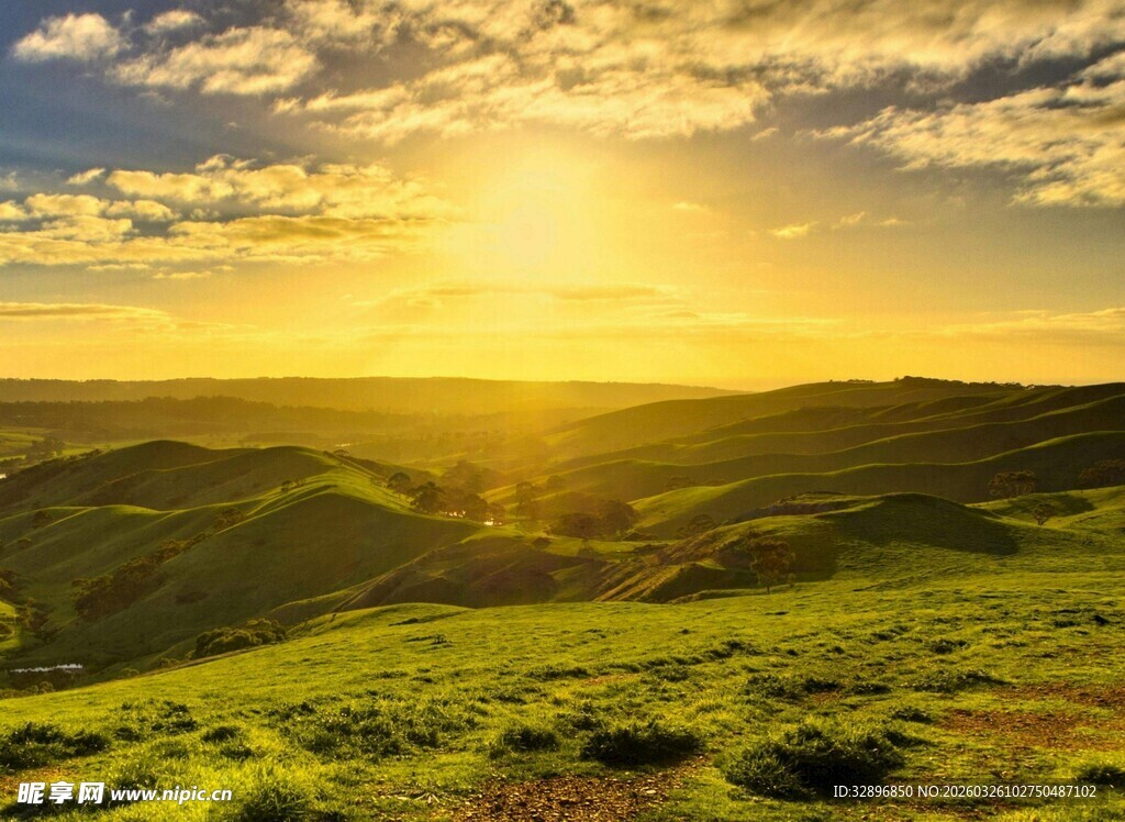 日出时分的美丽山丘景色