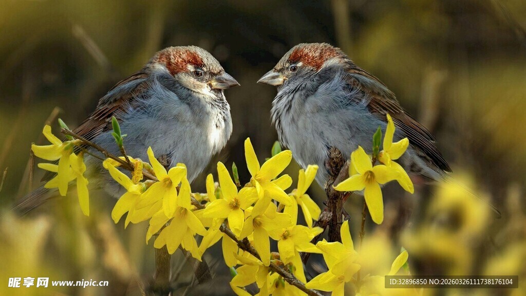 双鸟栖于黄花枝头