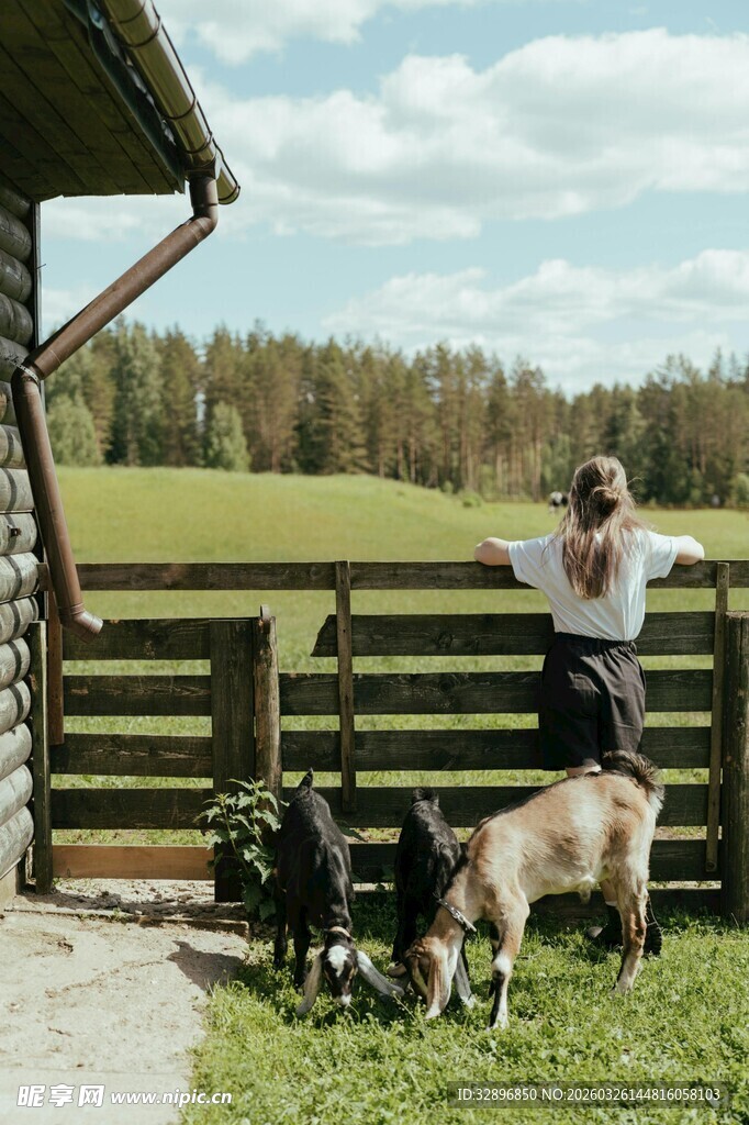 女子与宠物在田园围栏旁