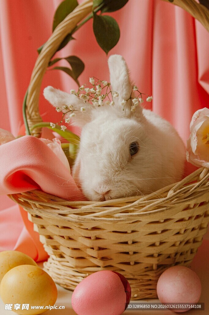 戴皇冠小兔于彩蛋篮中