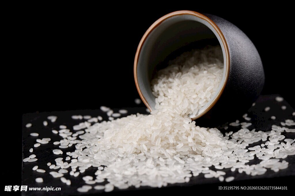 黑碗洒落晶莹白米粒