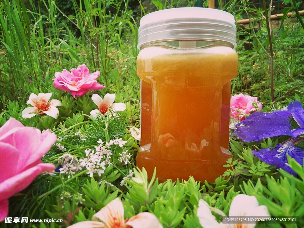 花丛中的罐装蜂蜜