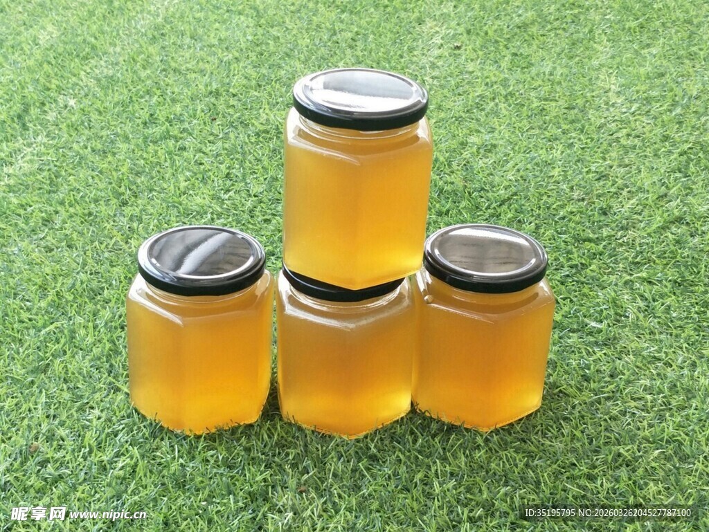 草地上的蜂蜜玻璃罐