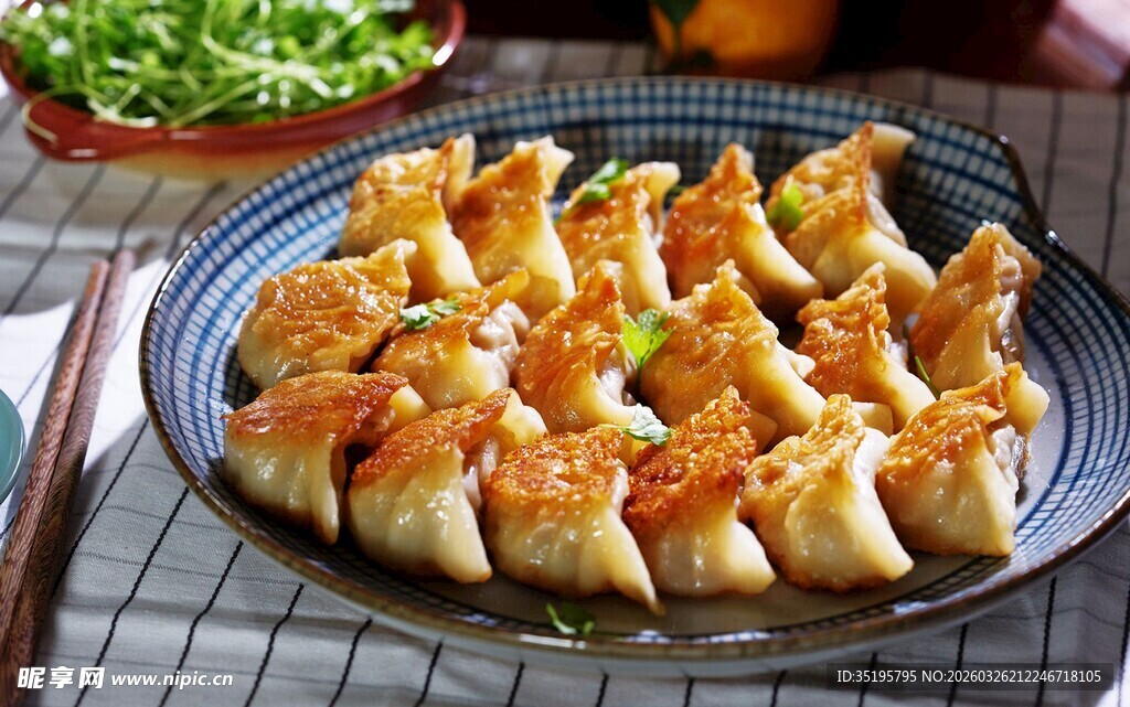 美味煎饺摆放在盘中