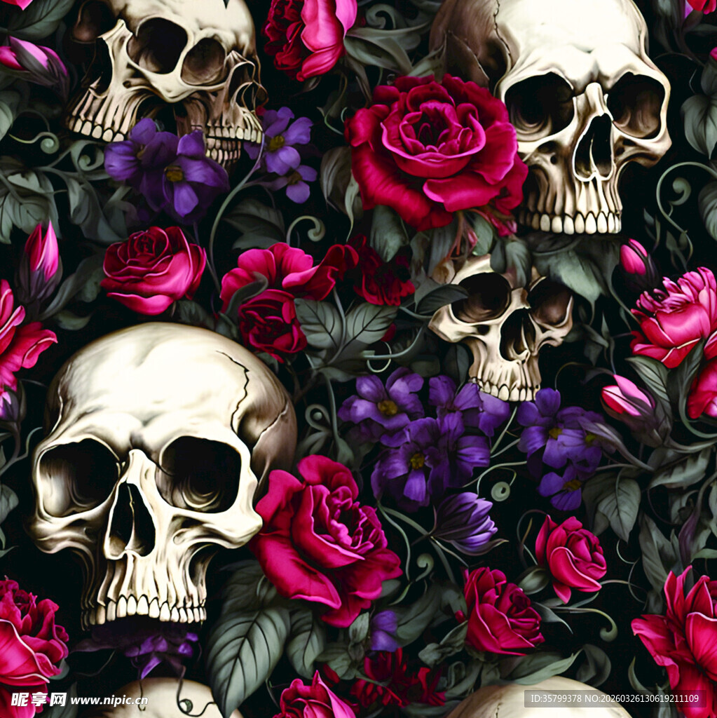 骷髅与玫瑰的暗黑图案