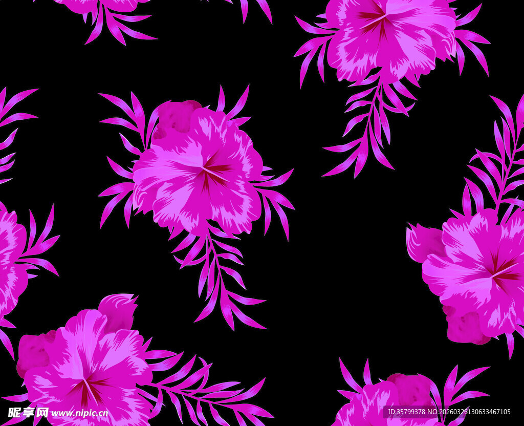 黑色底粉色花卉图案