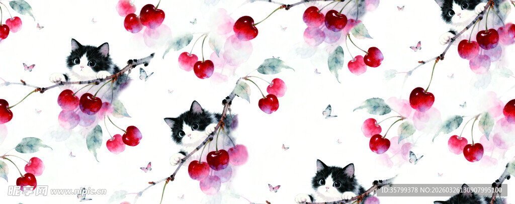 花卉猫咪图案印花布料