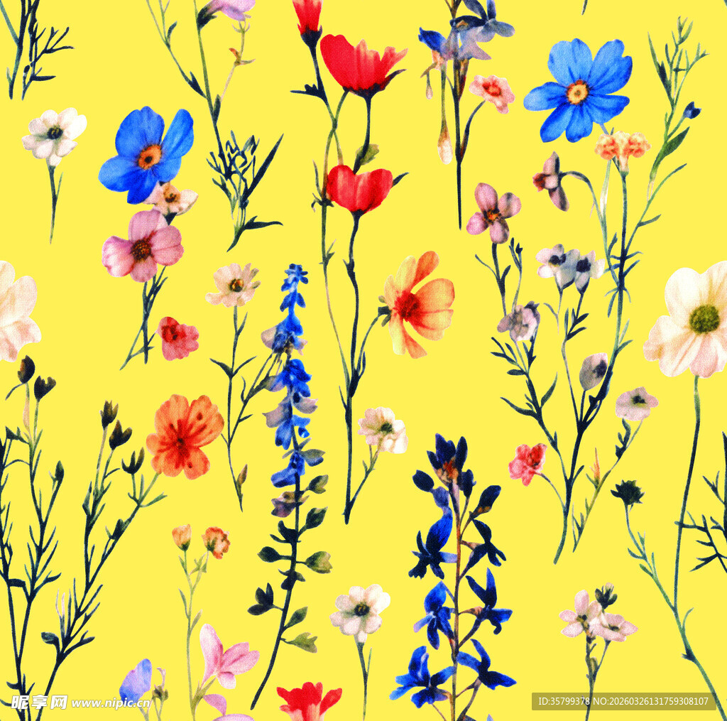黄色背景多彩花卉图案