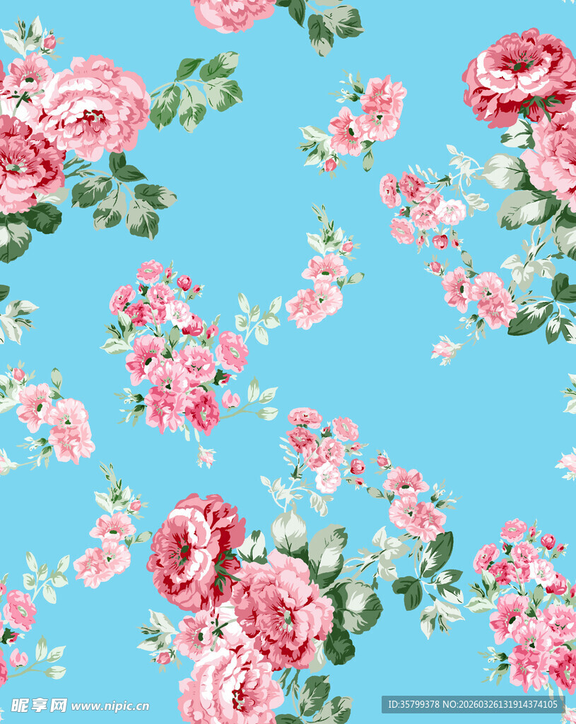 蓝色底粉色花卉图案