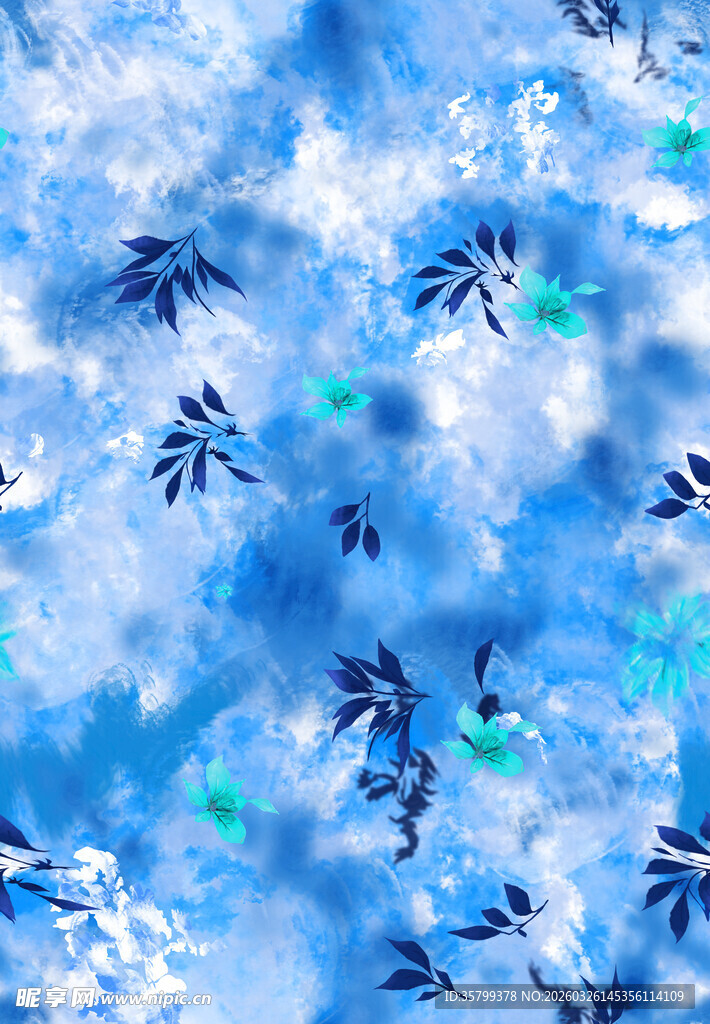 蓝底水墨风竹叶图案