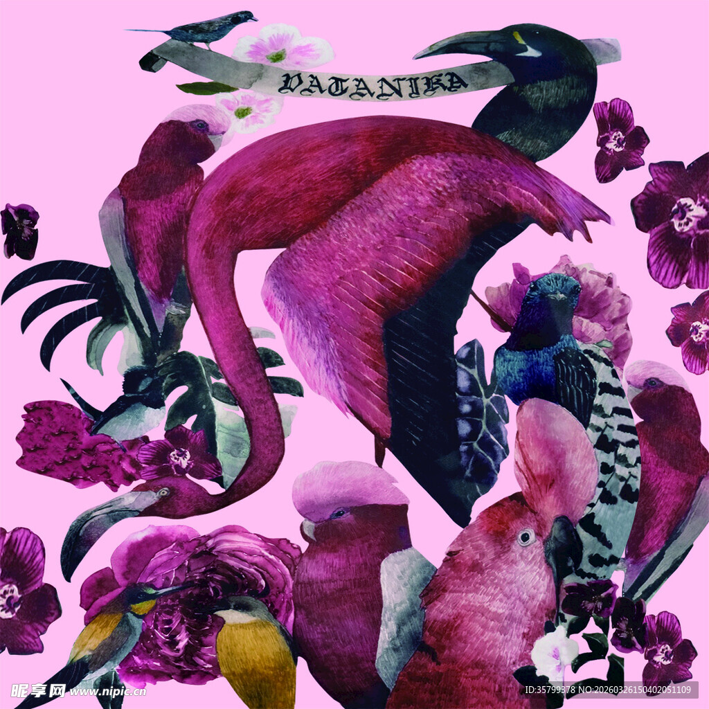 梦幻紫色奇幻鸟类花卉图